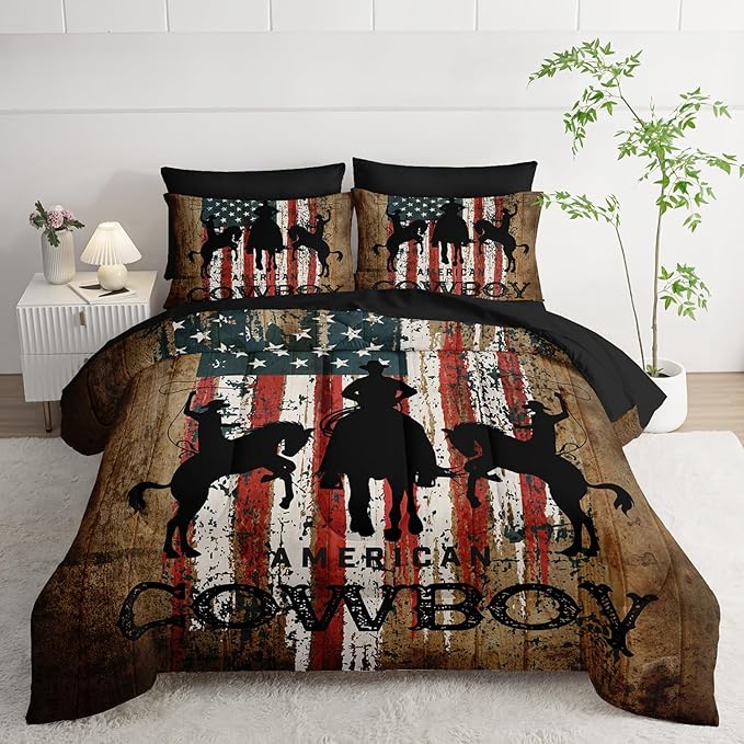 AILONEN Western Cowboy Comforter Set Full Size,7-Piece Rodeo Cowboy Riding Bull Bed in a Bag,United States Retro Country Style Comforter & Fitted Sheet & Flat Sheet & 2 Pillowcases,Soft Microfiber