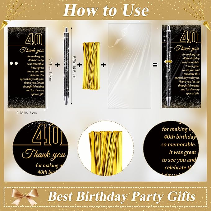 24 Set 40th Birthday Party Favor for Guests Anniversary Appreciation Gifts Birthday Glitter Ballpoint Pen and Thank You Cards for Women Men Years Party Favor Decoration Supplies