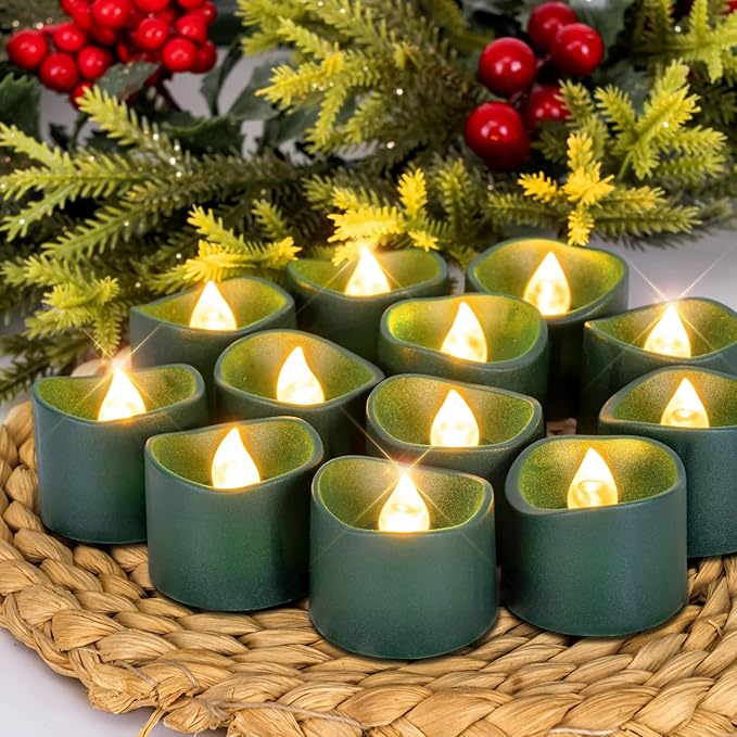 Homemory Green Tea Lights Candles Battery Operated, 200+Hour Flameless Flickering Fake Electric LED Colored Tealights Candles for Christmas, Theme Party, Seasonal Celebrations, 24-Pack