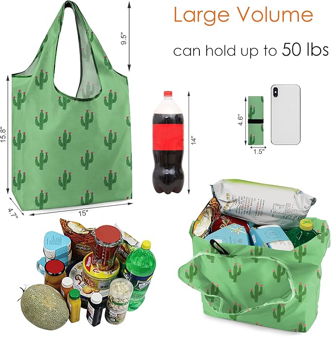 BeeGreen Geometry Reusable Grocery Bags Bulk 6 Packs X-Large, Reusable Shopping Bags Foldable for Groceries, Vegetables, Fruits Watertight Bulk Tote Bags (Cactus Rainbow Polka Dot Red Rose