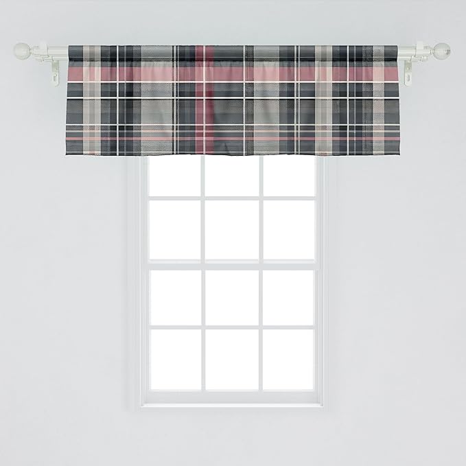 Ambesonne Buffalo Plaid Window Valance, Modern Tartan Design with Gentle Lines Classic Timbermen Pattern, Curtain Valance for Kitchen Bedroom Decor with Rod Pocket, 54" X 18", Pink and Grey