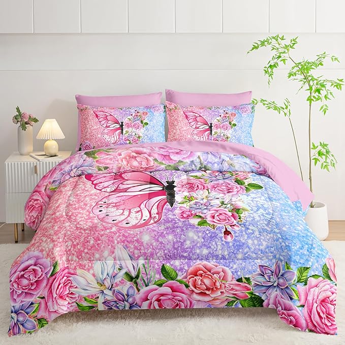 Butterfly Comforter Set (7 Piece) - Queen Size, Floral Pink Purple Bedding, Girls/Teens, Soft Microfiber, Sheets/Pillowcases Included