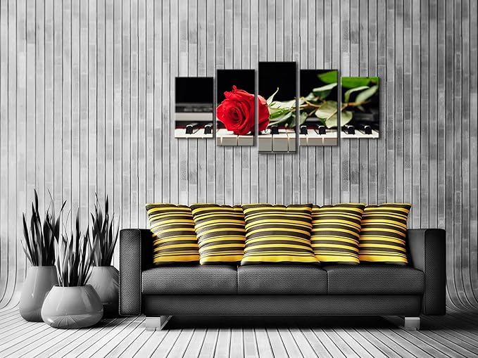 Wieco Art Red Rose on Piano Modern 5 Panels Stretched and Framed Floral Giclee Canvas Prints Artwork Flowers Music Pictures Paintings on Canvas Wall Art for Bedroom Kitchen Home Decorations