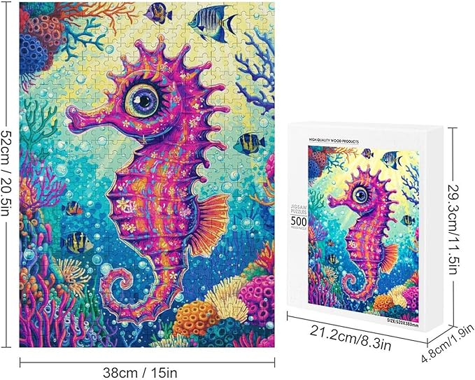 Colored Seahorse Wooden Puzzle 500 Pieces Jigsaw Puzzles for Adults Puzzle Educational Toys Challenging Fun Games Gifts for Elders Kids Family and Friends