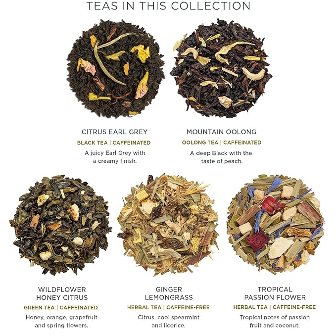Tea Forte Premium Petite Presentation Box Gift Set Sampler, 10 Count, 2 of Each Blend Individually Wrapped Handcrafted Pyramid Infuser Bags, Demoiselle Tea
