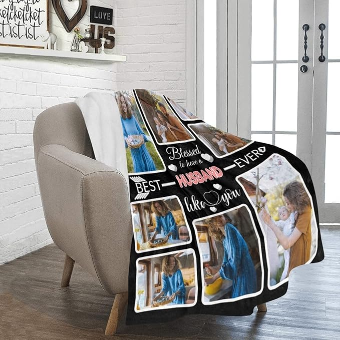 Custom Blanket Gifts for Husband, Customized Blankets with Photos, Make a Personalized Bed Throws to My Husband, Custom Souvenir Throw Blanket for Best Husband Ever, 8 Collages Made in USA