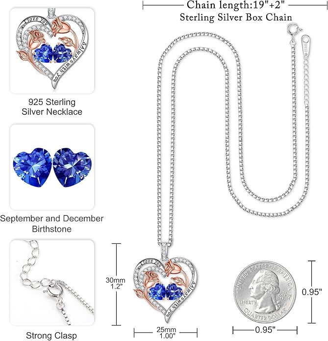 Iefil Valentines Day Gifts for Her - 925 Sterling Silver Rose Heart Birthstone Necklace Birthday Anniversary Jewelry Gifts for Her Wife Mom Daughter
