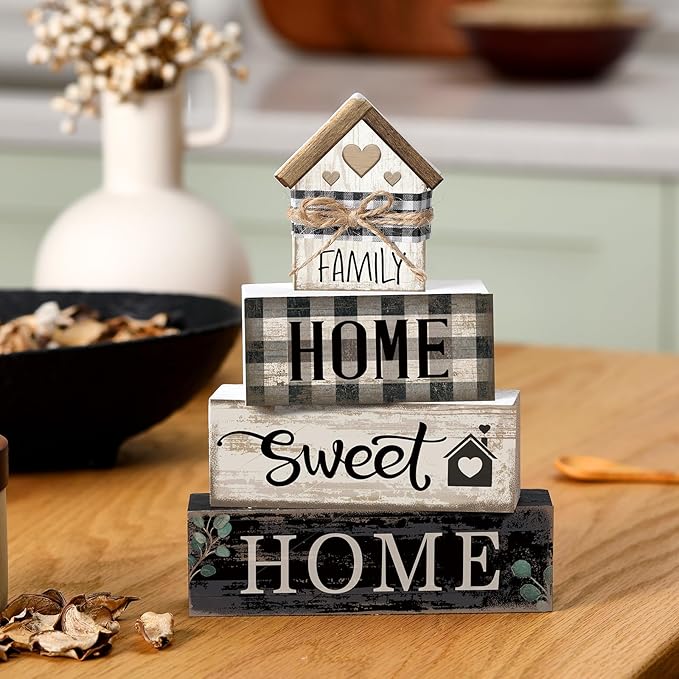 4 Pcs Farmhouse Wooden Tabletop Decor Sweet Home Tiered Tray Decor Rustic Retro Wood House Shaped Block Sign Housewarming Gifts Neutral Centerpiece Farmhouse Table Sign for Home Shelf Mantle