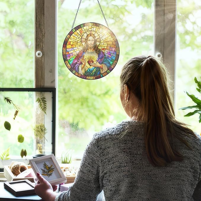 FLAGWIX Christian Gifts for Women Faith - Stained Glass Window Hanging 10 in - Birthday Catholic Religious Gifts, Suncatchers Windows Hanging, Spiritual Suncatcher Home Garden Decor