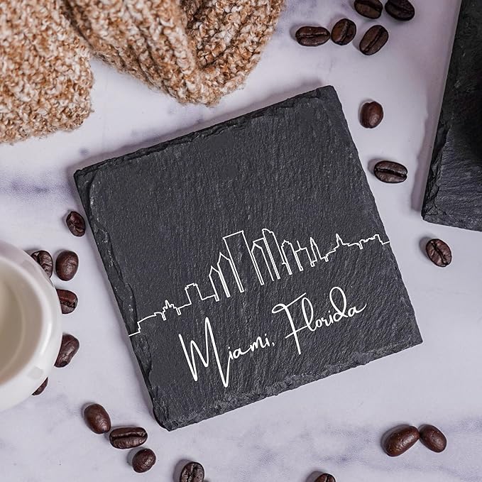 Blue Ridge Mountain Gifts - Miami FL Skyline Coasters, Set of 4 - Miami Florida Souvenir, Slate Coasters with Minimalist Skyline, Housewarming Gift for Friends, Family, & Neighbors