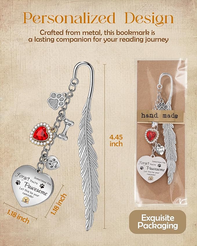 Buleens Bookmarks for Women Reading - Book Marks for Readers Book Lovers, Cute Feather Dog Paw Personalized Metal Bookmark with Pendants, Pretty and Aesthetic Book Accessories Reading Gifts