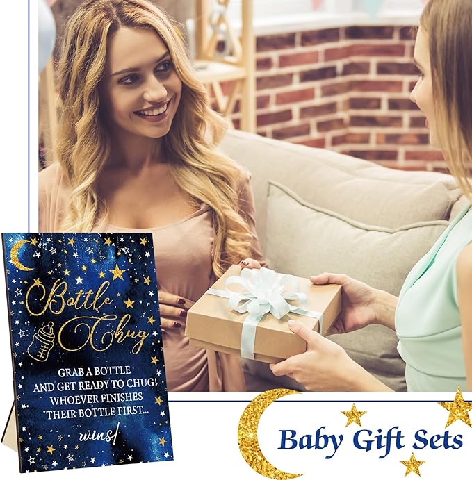 TrelaCo Star Cool Baby Shower Games Bottle Chug Sign Wooden Twinkle Moon and Star Gift Sets Gender Reveal Party Favors and 12 Pcs Baby Bottle Shower Supplies for Gender Reveal Game
