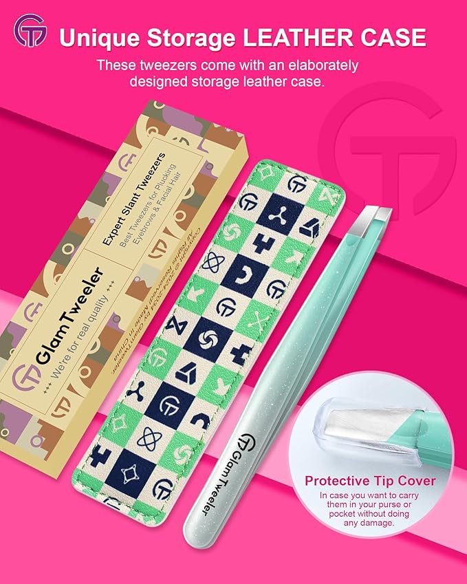 Expert Slant Tip Tweezers with Leather Case, GlamTweeler Sharp & Precision Stainless Steel Tweezer for Eyebrows, Facial Hair and Fine Hairs Removal (Sparkle Mint Green & Silver)