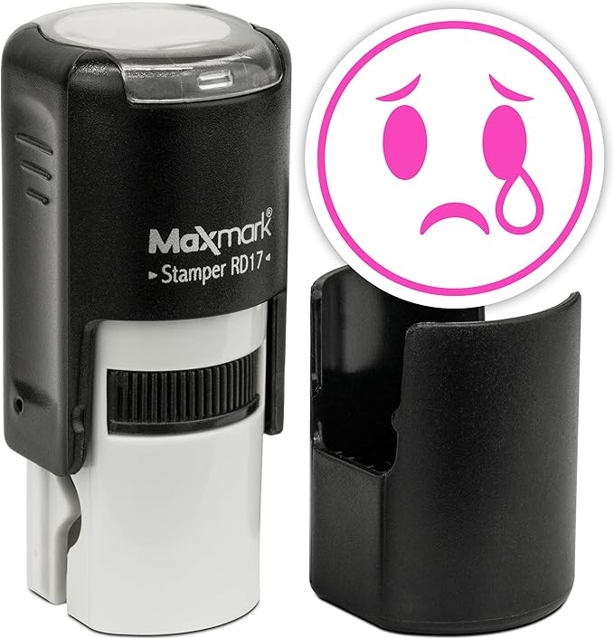 MaxMark Round Self Inking Emoji Stamp - Crying - Pink Ink