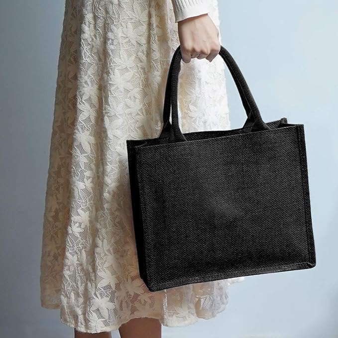 Segarty Tote Bags, 6 Pack Medium Black Burlap Jute Reusable Canvas Gift Favors Bag with Handles Blank Tote Bulk for Bridesmaid Wedding, Women Market Grocery Shopping, Bachelorette Party, Beach Trip