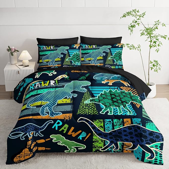 AILONEN Kids Dinosaur Comforter Set Queen, 7-Piece Cartoon Dinosaur Bed in a Bag for Boys, Green Graffiti Soft Comforter & Fitted Sheet with Flat Sheet & 2 Pillowcases, 2 Pillow Shams
