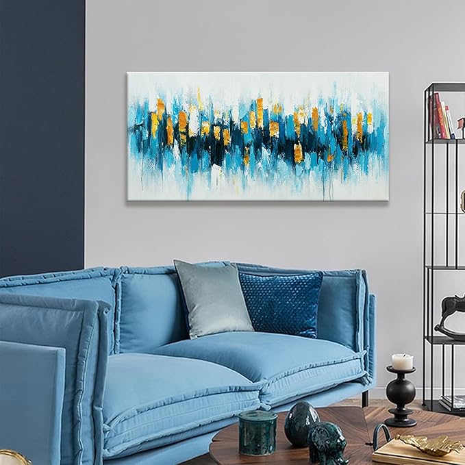 Suconvng Blue Abstract Wall Art Living Room Abstract Painting Wall Decor Modern 24"X 48" Canvas Art Wall Decor Blue Gold Wall Art Canvas Prints Artwork Pictures For Bedroom Kitchen Artwork