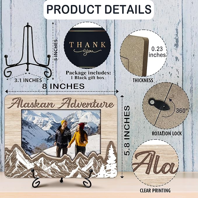 Alaska Adventure Photo Frame, Wooden Picture Frame with Stand, Alaska Vacation Friendship Gifts for Friends Family, 5 x 8 Picture Frame Gifts for Couple BFF, Home Office Desk Holiday Decorations-A01