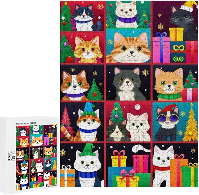 Wooden Puzzle 500 Pieces Adult - Christmas Dog Cat Puzzle Christmas Puzzles, Holiday Puzzles, Family Toys, Party Games, Jigsaw Puzzle Challenge and Funny