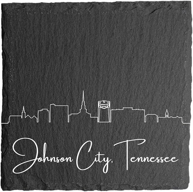 Blue Ridge Mountain Gifts - Johnson City TN Skyline Coasters, Johnson City Tennessee Souvenir, Slate Coasters with Minimalist Skyline, Housewarming Gift for Friends, Family, & Neighbors