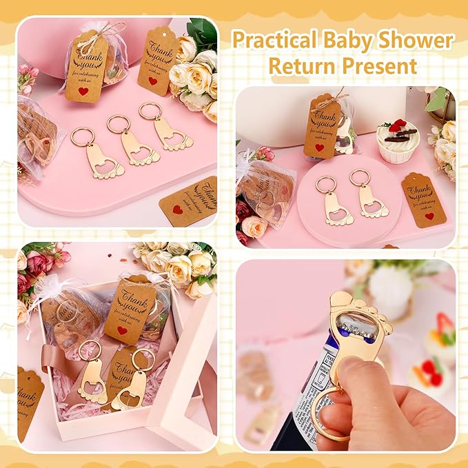 50 Pcs Footprint Keychain Bottle Opener Baby Shower Return Favors For Guests Baby Foot Bottle Opener Gift Baby Shower Party Favors Or Souvenir Guest With Organza Bags And Thank Tags