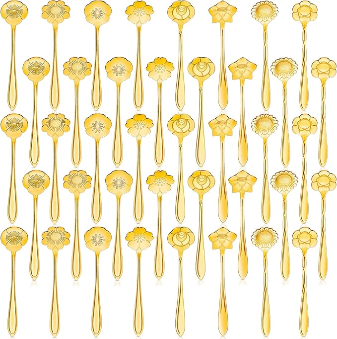 Eboot 40 Pcs Gold Flower Teaspoon Stainless Steel Tea Party Spoons Mini Cute Teaspoon for Stirring Coffee Sugar Drink Demitasse Kitchen Bar Tableware Party Favors Decorations