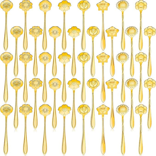 Eboot 40 Pcs Gold Flower Teaspoon Stainless Steel Tea Party Spoons Mini Cute Teaspoon for Stirring Coffee Sugar Drink Demitasse Kitchen Bar Tableware Party Favors Decorations
