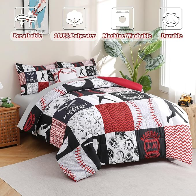 6 Pcs Baseball Twin Bedding Sets Sports Twin Size Comforter Set with Sheets for Boys Kids Teens