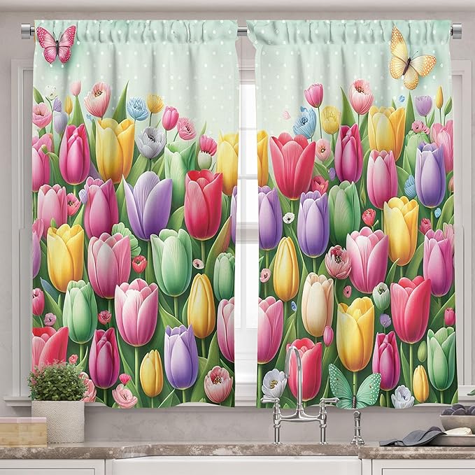 Ambesonne Spring Valance & Tier Curtain 3 pcs Set, Colorful Tulip Garden and Flying Butterflies with Vintage Polka Dots, Window Treatments for Kitchen Room Decor, 55" x 36", Mint Green and Multicolor