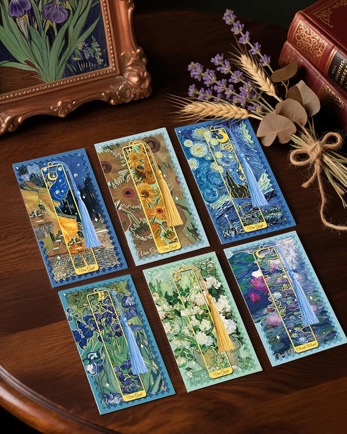 6 Pieces Metal Bookmarks with Tassel, Golden Hollow Bookmark Oil Painting Van Gogh Monet Theme Book Mark Bookmarks for Book Lovers Writers Readers Children Teens Men Women Adults