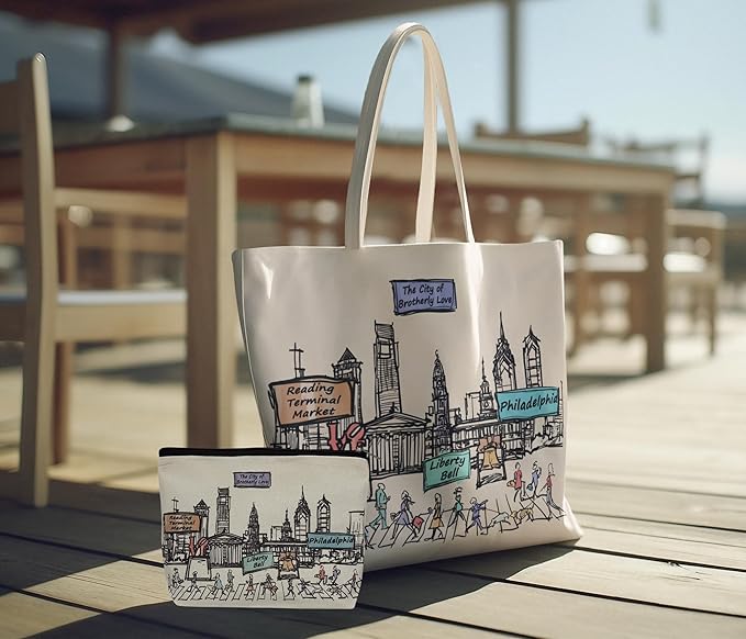Cities Around the World Artwork Cosmetic Bag Series – Designed in USA, Travel Makeup Bag with Zipper, Souvenir Gift for Women, Artwork Organizer for Purse or Toiletry (Philadelphia)