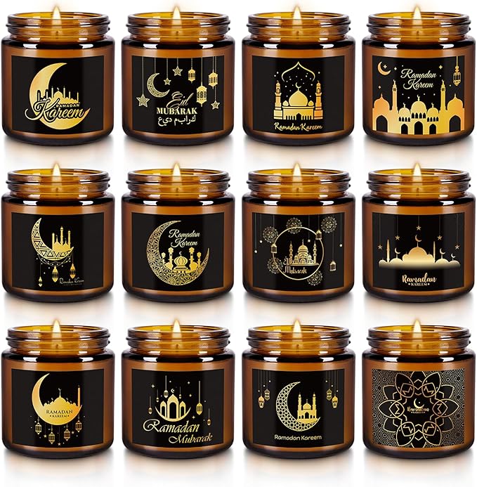 12pack Ramadan Scented Candles 3.5oz Soy Wax，Muslim Islamic Party Favors Gifts Glass Jar Candles for Home Happy Eid Festival Decor(Brown,Pattern)