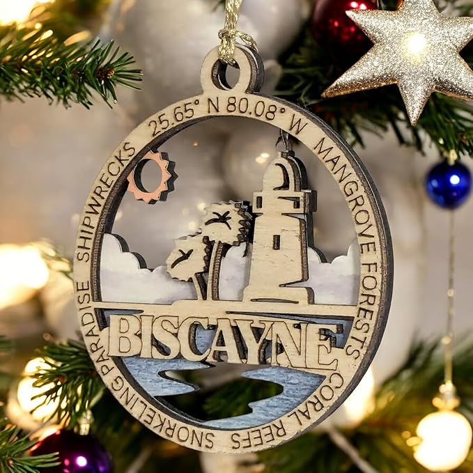 Biscayne National Park Souvenir Handcrafted 3" Lighthouse Ornament - Wood & Full Color Design - Oregon Small Business