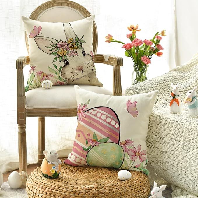 AVOIN colorlife Happy Easter Hunny Bunny Green Throw Pillow Covers, 18 x 18 Inch Easter Eggs Bunny Spring Cushion Case for Sofa Couch Set of 4