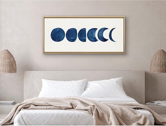 Kate and Laurel Sylvie Linear Moon Phases Framed Canvas Wall Art by Teju Reval of SnazzyHues; 18x40 Gold; Decorative Moon Art for Wall