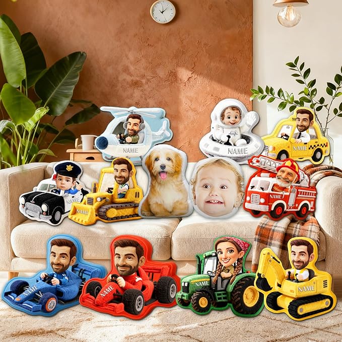 Amlion Custom Pillow - Personalized Cartoon Face Pillow with Picture Name,Customized Racing Car Pet Face Shaped Throw Pillows Funny White Elephant Gifts for Boyfriend Mom Dad