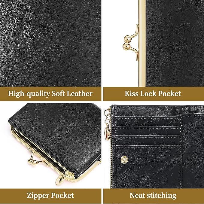 Wallet Women Small RFID Blocking Bifold Leather Wallets for Women Vintage Coin Purse With Zipper and Kiss Lock