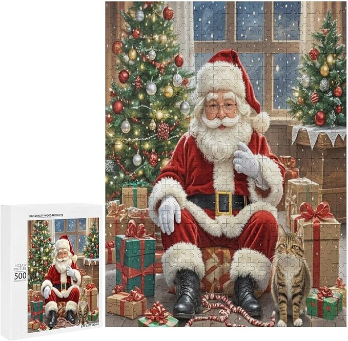 Puzzles for Adults 500 Pieces Wooden Jigsaw Puzzle - Santa Claus and Kitten Christmas Series Theme Puzzle，Party Games，Family Toys，Educational Puzzles，Stress Relief Wooden Puzzle，Home Decoration