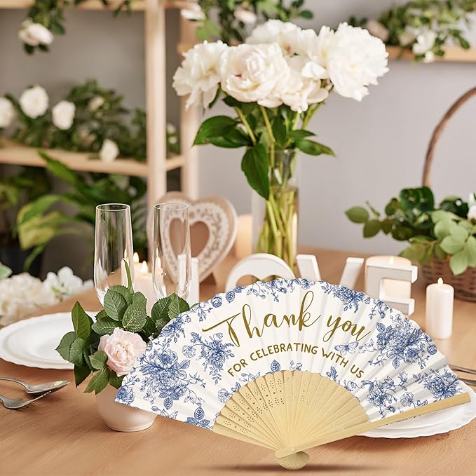50 Pcs Wedding Foldable Hand Fans Wedding Party Favor with Bag Something Blue Before I Do Handheld Fans Thank You for Celebrating with Us for Bridal Shower Bridesmaid Gift(Blue White Flowers)