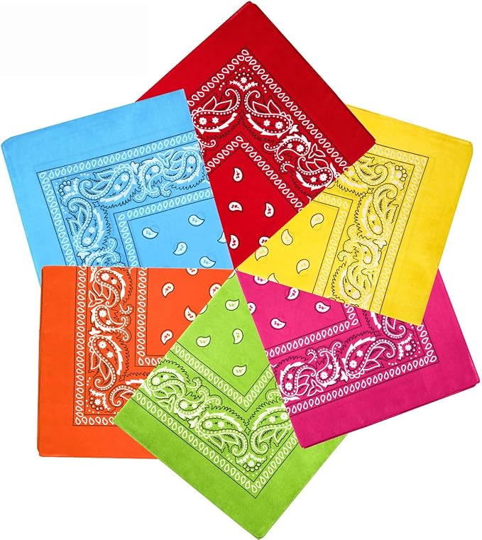 Blulu 6 Pcs Neon Color Cowboy Bandanas for Men Women Assorted Paisley Pattern Handkerchiefs 22 x 22 Inch Kids Headwrap Scarfs