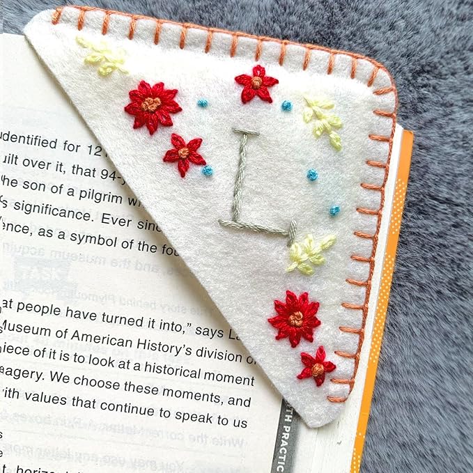 Personalized Hand Embroidered Corner Bookmark, Women's Gift - Cute Flower Book Mark, Hand Stitch for Book Lovers by HNQCPCVU (L, White)
