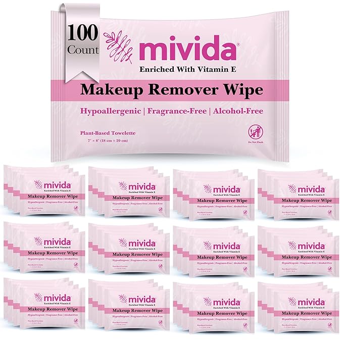 mivida 100 Count Individually Wrapped Makeup Remover Wipes with Vitamin E | Fragrance-Free, Alcohol-Free makeup wipes | Hypoallergenic single make up removing wipes