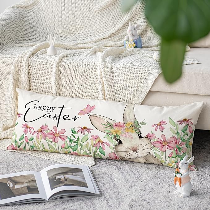 AVOIN colorlife Easter Floral Garland Bunny Long Lumbar Throw Pillow Cover, 14 x 36 Inch Spring Rabbit Long Body Pillow Case for Bed Sofa Bench
