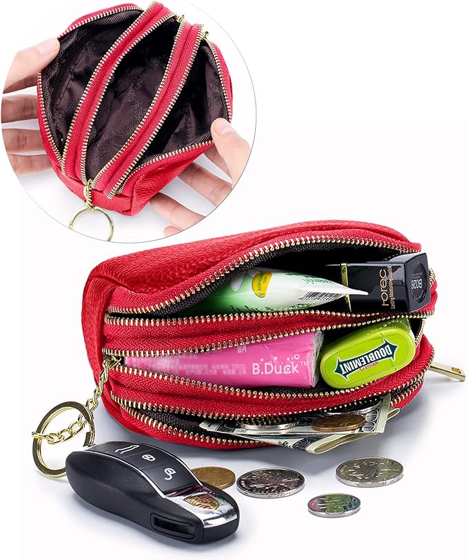 LINNO 3 Zippered Genuine Leather Coin Purse Triple Capacity Change Pouch Little Travel Wallet With Key Ring for Women