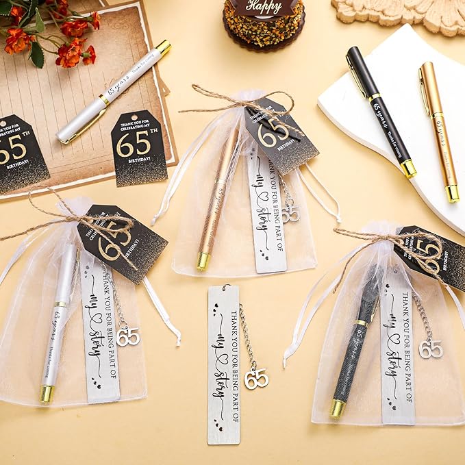 25 Sets Birthday Favors for Guests 25 Thanks for Coming Ballpoint Pens 25 Bookmarks 25 Cards with Organza Bag for Adult Birthday Anniversary Party Souvenir(Metal-60th)