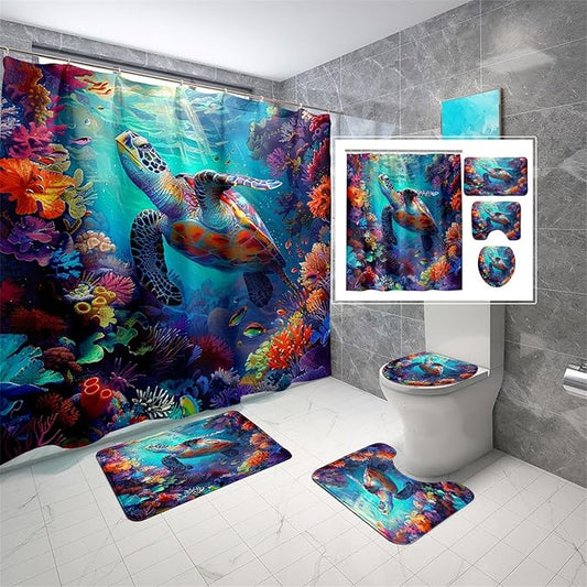 4 Pcs Kids Shower Curtain Set - Sea Turtle Shower Curtain Set Sea Turtle Bathroom Set with Rug,Toilet Cover and Bath Mat with 12 Hooks