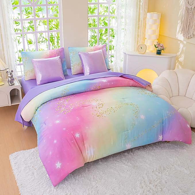 Rainbow Bedding Set Twin Size – 7 Piece Reversible Girls Comforter with Deep-Pocket Sheet, Gradient Galaxy Design, Whole-Piece Filling, Machine Washable Bed-in-a-Bag for Kids Room Makeover & Gifts