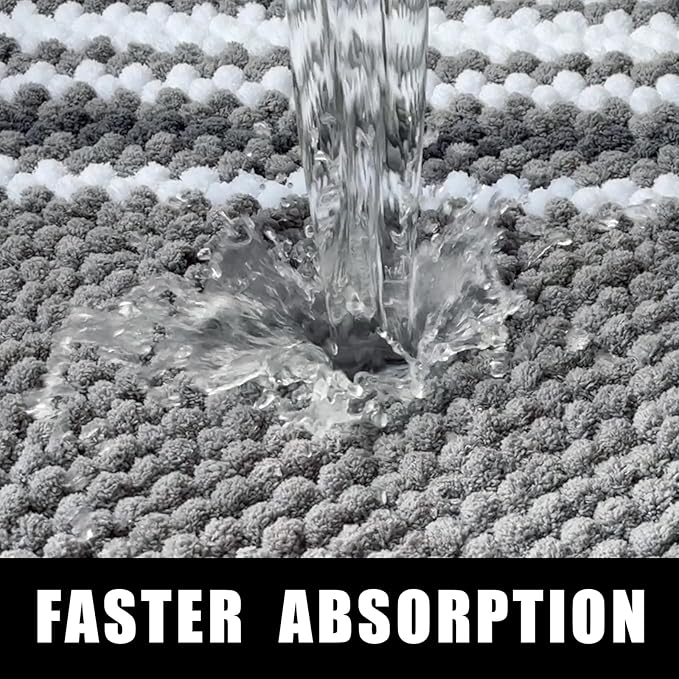 HDFK Bath Mat & Bathroom Rugs, Soft Looped Chenille Popcorn, Super Absorbent, Non-Slip Shower Rug Odorless Hot Melt Adhesive Base, Striped Carpet for Bathtub Floors (24x17 Inch, Black Gray, White)