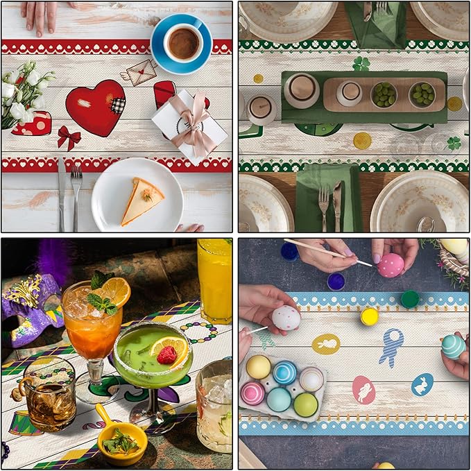 8 Pcs Truck Holiday Table Runner 72 Inches Long, Plaid Valentines Day St Patricks Day Mardi Gras Easter 4th of July Halloween Thanksgiving Day Christmas Burlap Table Decor for Home Party