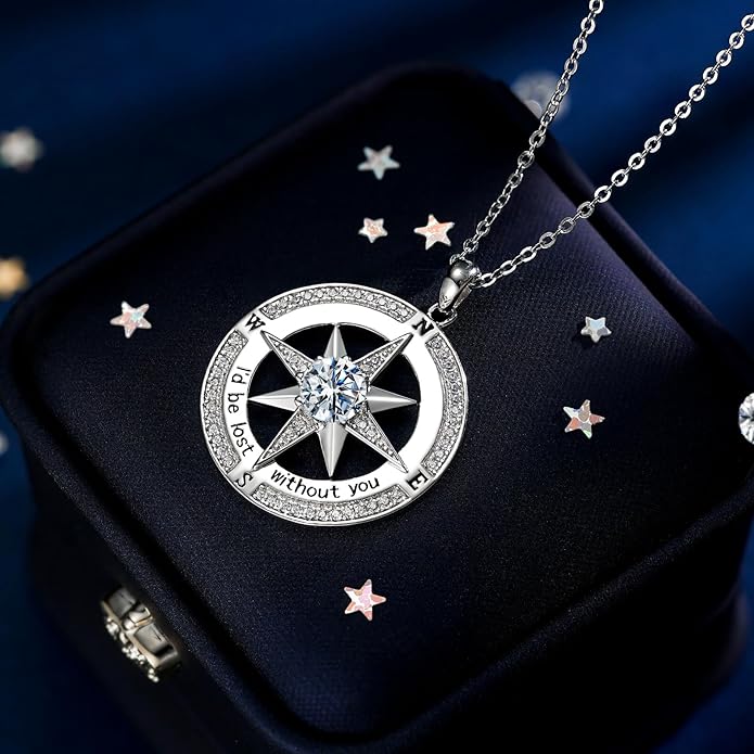 S925 Necklace Birthstone Compass Gift for Women Jewelry Sterling Silver Necklace for Wife Wedding Anniversary Girlfriend Birthday Gifts for Her Valentines Day Mom Mothers Day